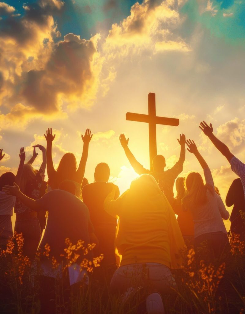 Christian people raise their hands up praying to god Generate AI image